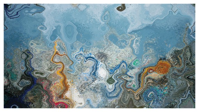 An abstract artwork or AI-generated image displays swirling, marbled patterns in shades of blue, white, orange, gold, and dark tones, resembling fluid art or a cosmic landscape.