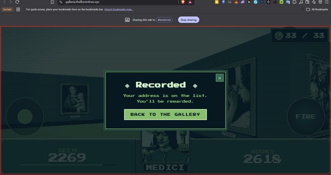 A dark-themed gallery website shows a 'Recorded' pop-up message stating 'Your address is on the list. You'll be rewarded,' with a 'BACK TO THE GALLERY' button, displaying 'SEEN 2269' and 'WORKS 2618' at the bottom.