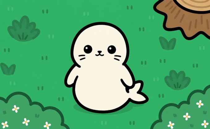 A cute, simple illustration shows a small white seal-like character sitting on green grass with small white flowers and bushes.