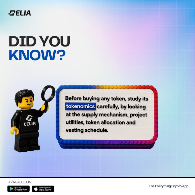 A promotional "DID YOU KNOW?" graphic from Celia features a Lego-style mascot holding a magnifying glass beside a colorful LEGO-bordered message box advising: "Before buying any token, study its tokenomics carefully, by looking at the supply mechanism, project utilities, token allocation and vesting schedule," reinforcing the post's emphasis on researching supply, utility, allocation, and vesting before purchasing.