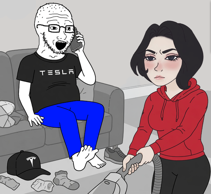 A cartoon depicts a bald man wearing a black Tesla t-shirt and blue pants talking on a phone while sitting on a couch, with a woman in a red hoodie vacuuming beside him.