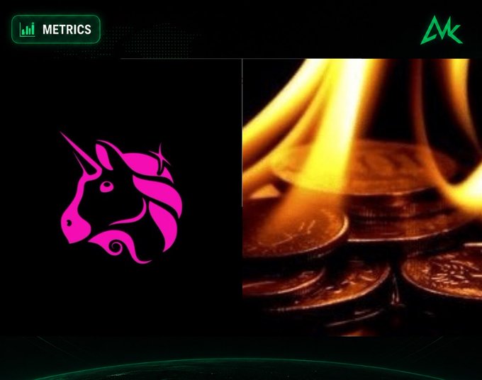 The image shows a pink unicorn logo next to a pile of coins with a golden glow, with a "METRICS" label in the top-left corner, visually representing Uniswap (UNI) reaching its all-time high daily burn value of approximately $590K.