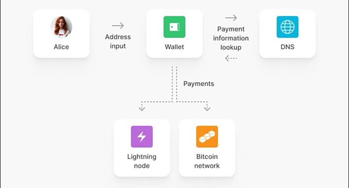 A flowchart diagram showing a payment process from 'Alice' through address input to a 'Wallet', followed by DNS payment information lookup, then payments distributed to both a 'Lightning node' and the 'Bitcoin network'.