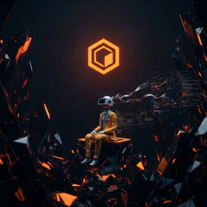 Digital artwork of a robot wearing a yellow suit and VR headset sitting on a pedestal, surrounded by shattered orange crystals with a hexagonal logo floating above.