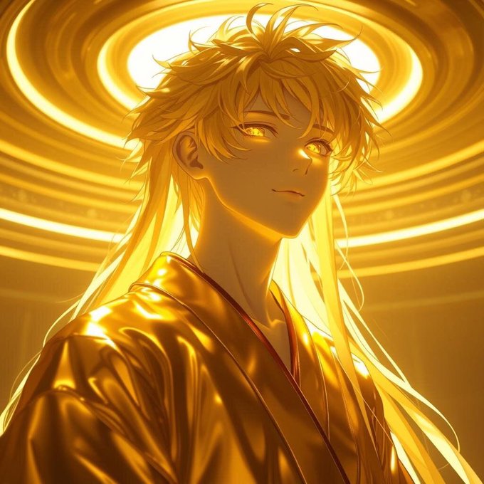 An anime-style illustration of a golden-haired figure with glowing golden eyes wearing a shiny gold robe, set against a backdrop of radiating concentric golden rings.