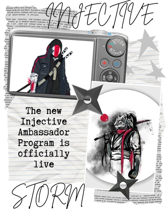 The image features an illustration of a man holding a camera, surrounded by various objects such as a book, a television set, and a sword. The background includes a white sheet with black text that reads "The new Injective Ambassador Program is officially live ninji, are you ready for a new run? we have great opportunities to collaborate with a strong team dont miss the opportunity to prove yourself all the battles are ahead lets go @injective".