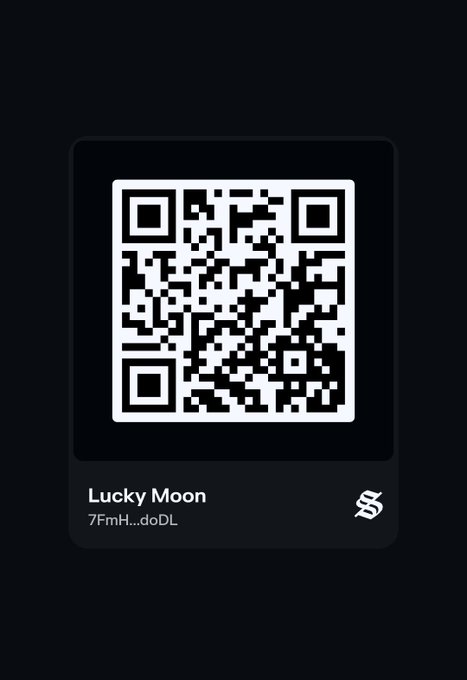 A QR code labeled 'Lucky Moon' with the partial address '7FmH...doDL' on a dark background.