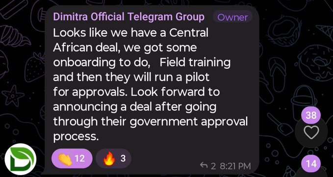A Telegram message from the "Dimitra Official Telegram Group" announces a new Central African deal, outlining next steps including onboarding, field training, a pilot for approvals, and government approval before an official announcement. The post (timestamped 8:21 PM with 12 wheat and 3 fire reactions) supports the accompanying update highlighting $DMTR's continued global adoption, noting that investors are still early on the token.