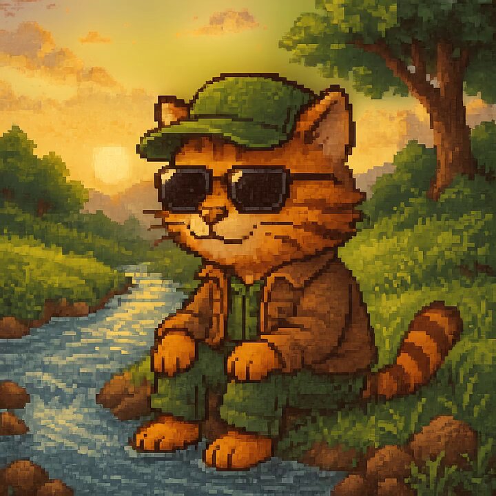 The image features a cartoon cat wearing sunglasses, a green hat, and a brown jacket sitting by a river with a sunset in the background. The cat appears to be enjoying its time outdoors as it sits near the water's edge. The post that accompanies this image is titled "Zen sunrise flow" and includes a link to the original artwork on the website Zen2Post.