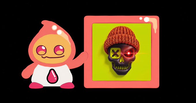 A cartoon peach-like character points at a framed picture of a skull wearing an orange beanie with a glowing red eye and X marks.