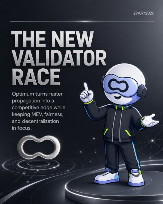 A futuristic promotional graphic dated 29/07/2026 titled 'THE NEW VALIDATOR RACE' featuring a robotic mascot character in a black jacket, with the Optimum (Opti) logo and text about turning faster propagation into a competitive edge while keeping MEV, fairness, and decentralization in focus.