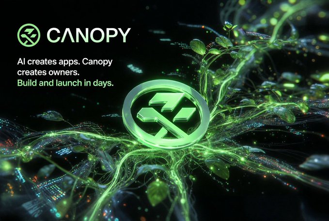 A promotional graphic for "CANOPY" featuring the text "AI creates apps. Canopy creates owners. Build and launch in days" with a green glowing logo and digital plant imagery.