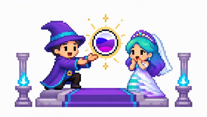 A pixel art image shows a wizard in purple robes proposing with a glowing orb to a blue-haired bride in a white gown, framed by purple pillars with blue flames. The whimsical marriage scene metaphorically represents Triton "committing" to staying on Solana after careful deliberation, symbolizing their continued partnership with the @SolanaFndn rather than moving to another blockchain.