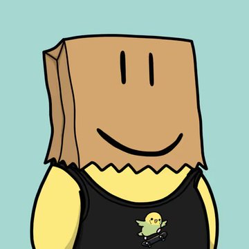 A cartoon character with a brown paper bag over its head displaying a smiley face, wearing a black tank top with a small bird graphic, set against a teal background.