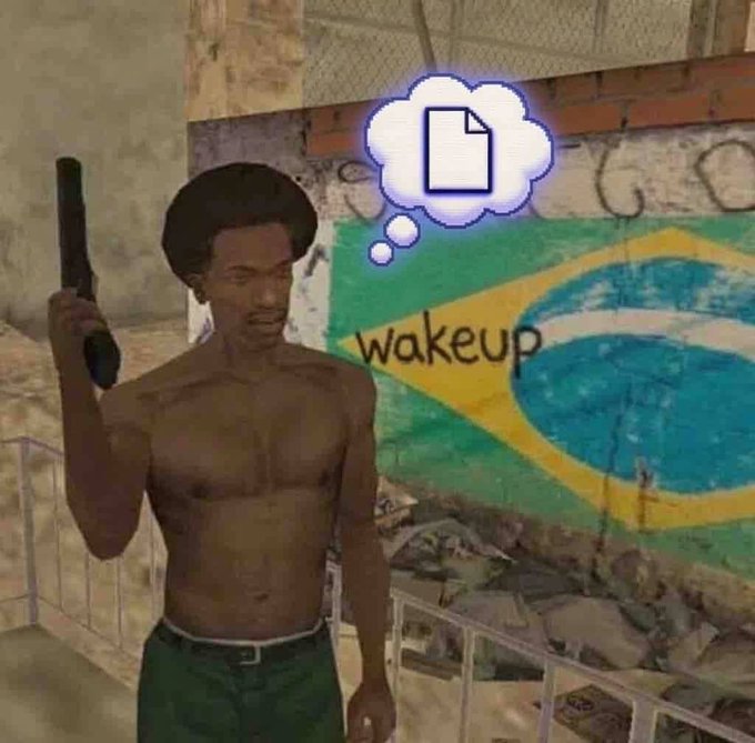 A shirtless 3D video game character holding a pistol stands in front of a Brazilian flag-painted wall, with a thought bubble above his head containing a document icon and the word "wakeup" written beneath it, referencing the $WAKEUP crypto token.