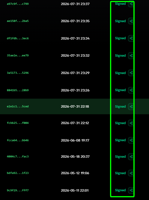 A list of completed tasks (identified by truncated hash codes like "a97c9f..." and "9c9f29...") with timestamps ranging from May 2026 to July 2026, all displaying "Signed" status with share icons highlighted in a green box. The image illustrates the recently completed submissions that benefited from Axis Robotics' new bulk-signing update, eliminating the need to individually sign each transaction.