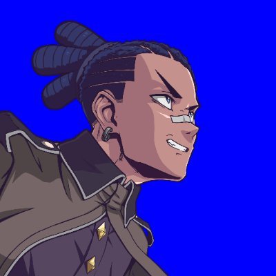 An anime-style illustration of a young man with dark braided hair, a confident smirk, and a small bandage on his cheek against a solid blue background.