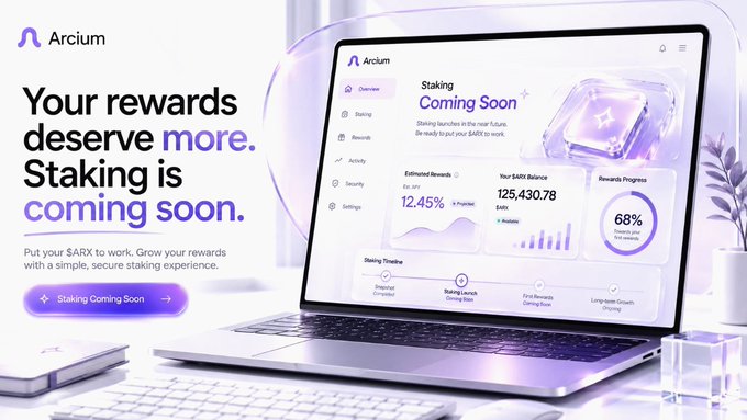 A promotional image for Arcium announcing 'Staking is coming soon', showing a laptop displaying a dashboard with an estimated 12.45% reward and a $ARX balance.