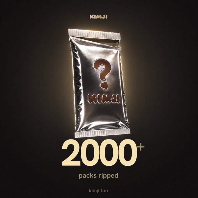A promotional image for 'KIMJI' featuring a silver mystery pack with a question mark, announcing '2000+ packs ripped' with the website 'kimji.fun'.
