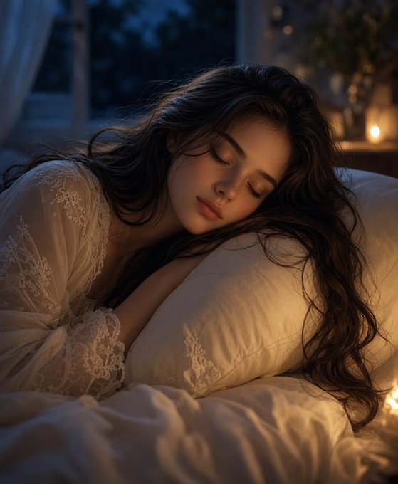 A serene portrait of a woman with long dark hair sleeping peacefully on a white pillow, wearing a delicate lace garment in warm candlelight.