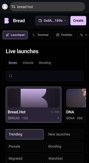 The image shows the Bread.hot platform displaying live crypto token launches, prominently featuring the "Bread.Hot" token ($BREAD) with a 0.00% score and 12-day timeframe, alongside categories like Trending and New launches. The post reflects on missing early entry opportunities like TRUMP token, mirroring the platform's "Live launches" interface that helps users discover new tokens before they pump.