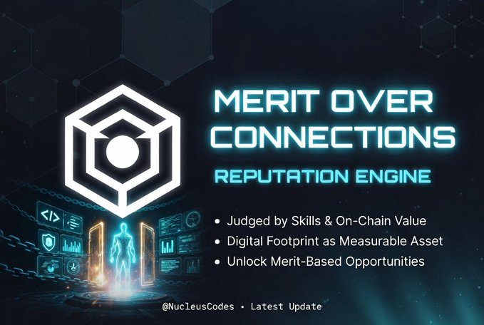 A digital graphic promoting 'MERIT OVER CONNECTIONS - REPUTATION ENGINE' with bullet points: 'Judged by Skills & On-Chain Value', 'Digital Footprint as Measurable Asset', and 'Unlock Merit-Based Opportunities', attributed to @NucleusCodes.