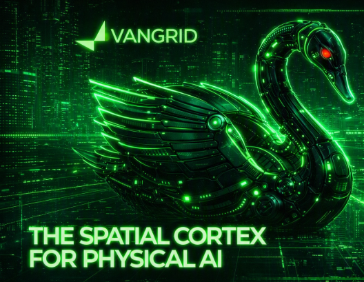 A promotional graphic for VANGRID featuring a glowing green futuristic swan logo with the tagline 'THE SPATIAL CORTEX FOR PHYSICAL AI' against a dark digital background.