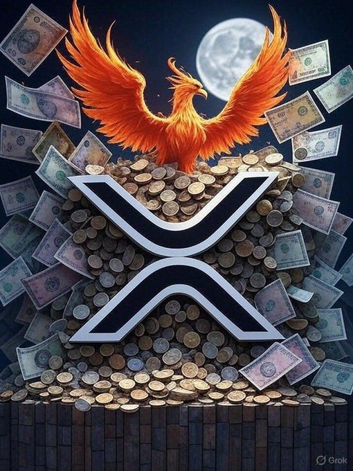 The image features an illustration of a large pile of money, with a large XRP coin prominently displayed among the stacks. The XRP coin is surrounded by various denominations of currency, including US dollars and other coins. The background of the image is dark blue, providing a stark contrast to the vibrant colors of the money. In the bottom right corner of the image, there's a caption that reads "XRP is down 3% Let' s see who's still holding If you're starting to doubt because of a 3% fluctuation that means you're not holding XRP but rather your emotions".