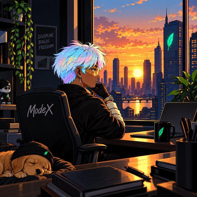 An anime-style illustration of a white-haired character sitting at a desk overlooking a sunset cityscape, with a sleeping dog, a 'ModeX' chair, and a 'DISCIPLINE BUILDS FREEDOM' poster visible.