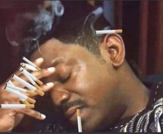 A surreal image shows a man with multiple lit cigarettes held between his fingers, in his ear, and on his chin.