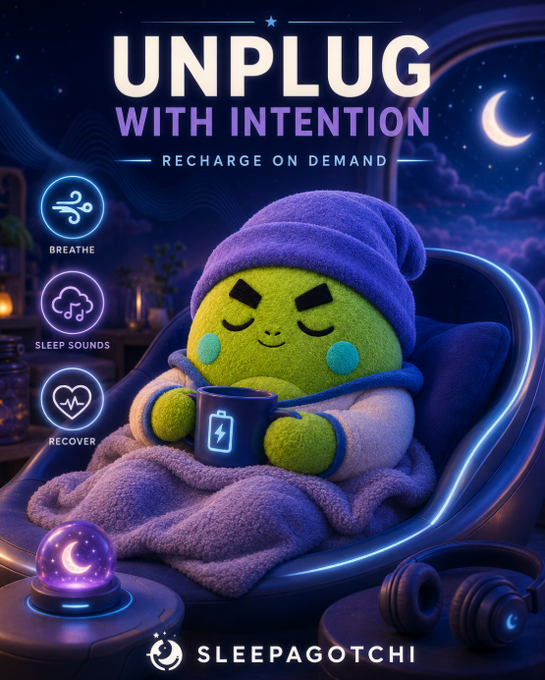 The image features a green stuffed animal character sitting comfortably in a chair with headphones around its neck. The background of the image shows a night sky filled with stars, giving the impression that the character is relaxing at home during nighttime hours. The text on the poster encourages users to unplug and recharge their devices by taking breaks from technology, which can help them maintain focus and energy throughout the day.