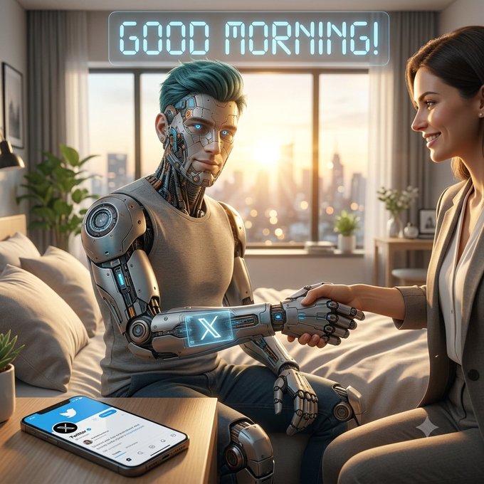 A futuristic scene showing a humanoid robot with green hair shaking hands with a woman in a bedroom setting, with a digital display reading 'GOOD MORNING!' overhead and a smartphone showing the X (formerly Twitter) logo on a nearby table.