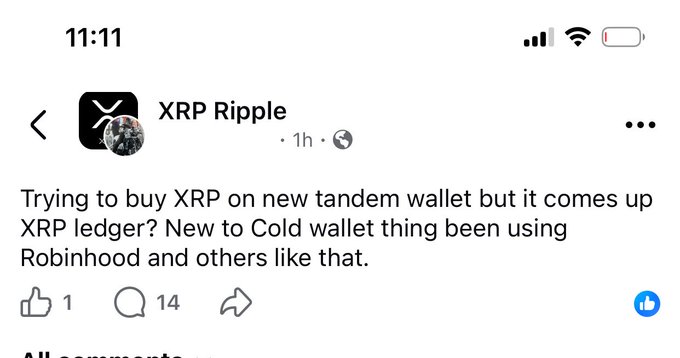 A Facebook post screenshot from the 'XRP Ripple' page asking about buying XRP on a new Tangem wallet and transitioning from using Robinhood.