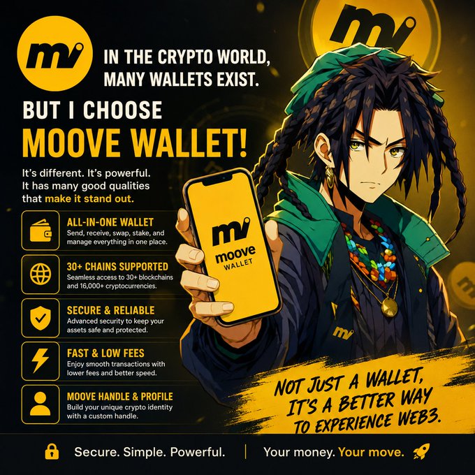 The image is a vibrant anime-style advertisement for Moove Wallet, featuring a green-haired character holding a phone displaying the Moove Wallet logo, with bold text declaring "IN THE CRYPTO WORLD, MANY WALLETS EXIST. BUT I CHOOSE MOOVE WALLET!" alongside key features like "ALL-IN-ONE WALLET," "30+ CHAINS SUPPORTED" with "16,000+ cryptocurrencies," and the tagline "NOT JUST A WALLET, IT'S A BETTER WAY TO EXPERIENCE WEB3." The ad visually reinforces the post's message by highlighting Moove's all-in-one functionality—sending, receiving, swapping, staking, and cross-chain transactions—as a standout alternative to traditional crypto wallets.