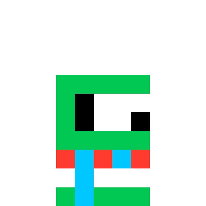 A simple pixel art illustration depicts a green character with black square eyes, a red mouth, and a light blue tongue.