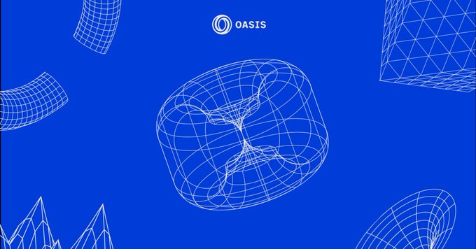 A blue background with white wireframe geometric shapes and the OASIS logo at the top center.