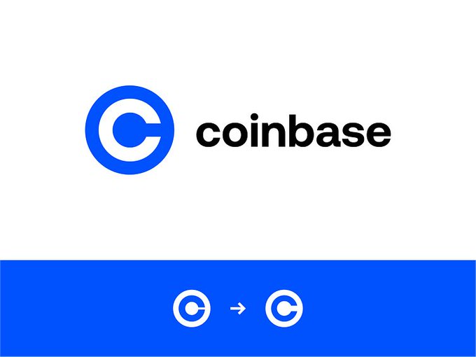The Coinbase logo displayed in blue and black text, with an illustration below showing the conversion of one cryptocurrency to another.