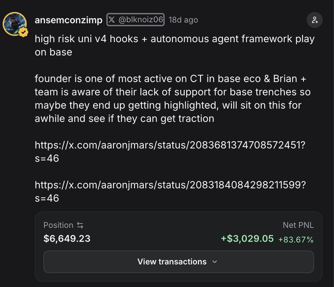 A tweet from @blkoiz06 discussing 'high risk uni v4 hooks + autonomous agent framework play on base' with a position of $6,649.23 and net PNL of +$3,029.05 (+83.67%).