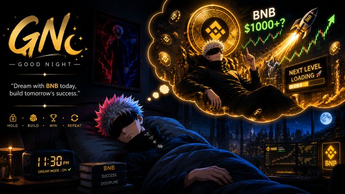 A digital artwork/meme featuring an anime character sleeping while dreaming about BNB crypto reaching $1000, with text 'GNc GOOD NIGHT' and 'Dream with BNB today, build tomorrow's success'.