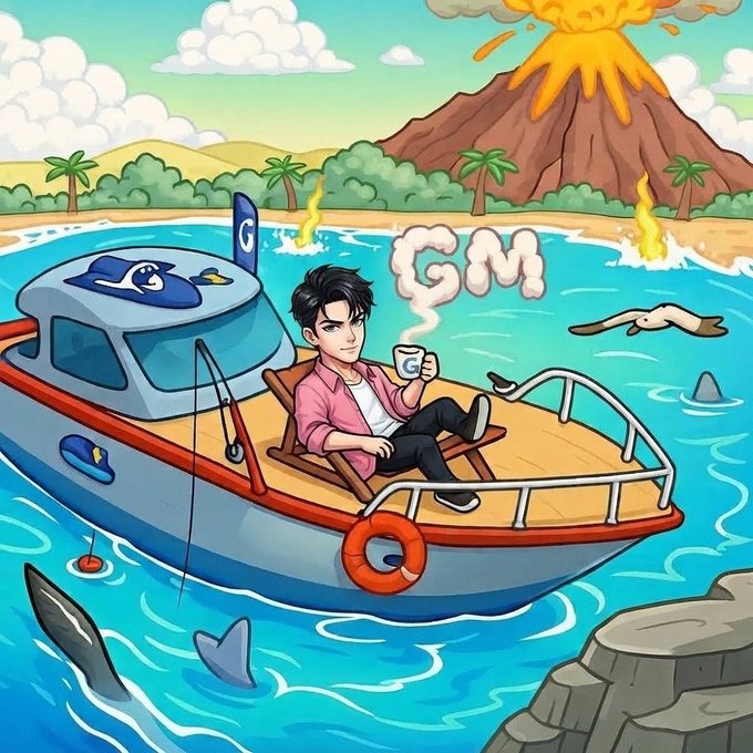 A cartoon-style illustration of a man relaxing on a boat, holding a cup of coffee while wearing a Google hat, with the 'GM' (Good Morning) steam letters rising, set against a backdrop of a volcano eruption and tropical waters.