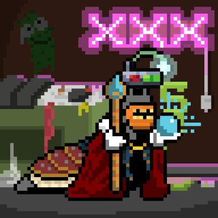 Pixel art featuring a character with a sword, shield, and crown, alongside 'XOOO' text in pink, with pizza and other items scattered around.