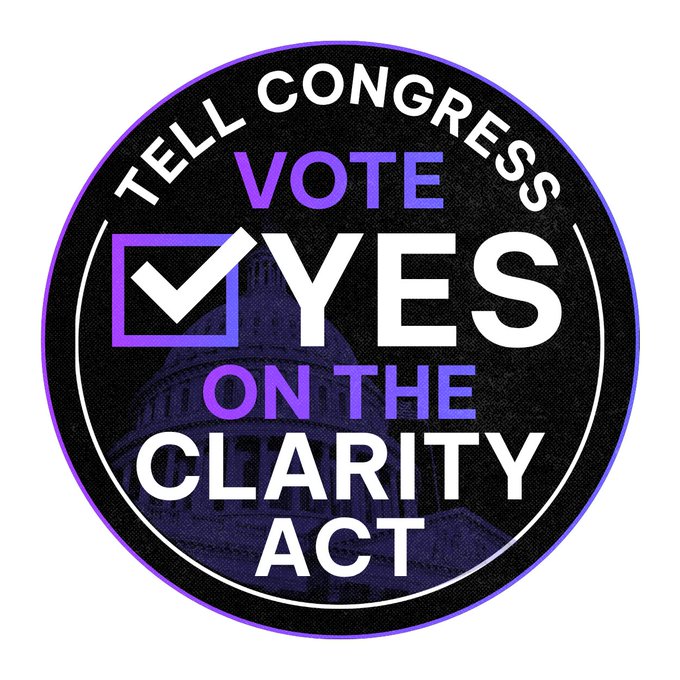 Circular black and purple advocacy badge or button reading 'TELL CONGRESS VOTE YES ON THE CLARITY ACT' with a checkmark and a faint Capitol building background.