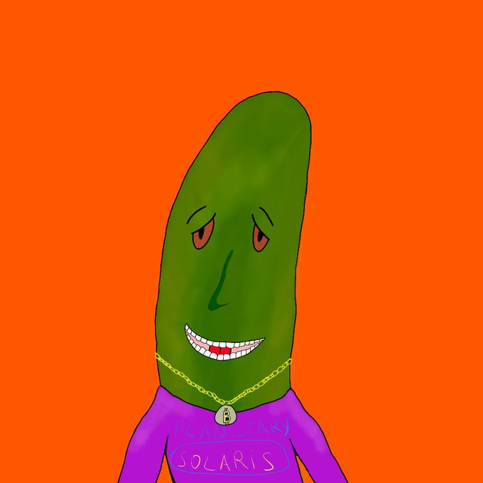 A green pickle-like mutant character with red eyes and a gold chain featuring a "P" pendant smiles against an orange background, wearing a purple shirt with "FANTASY SOLARIS" text. The whimsical "Mutant Monday" illustration complements the post's playful call for a "GM" (good morning) greeting while inviting viewers to share what's on their memescope radar.