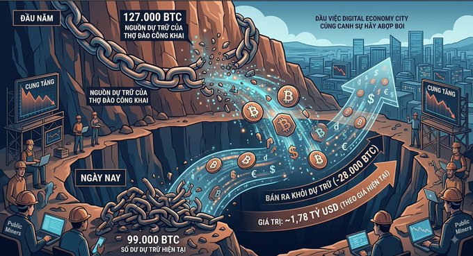 An illustrated infographic in Vietnamese about Bitcoin, depicting 127,000 BTC flowing from a broken chain into a digital economy city, with miners and charts showing market activity.