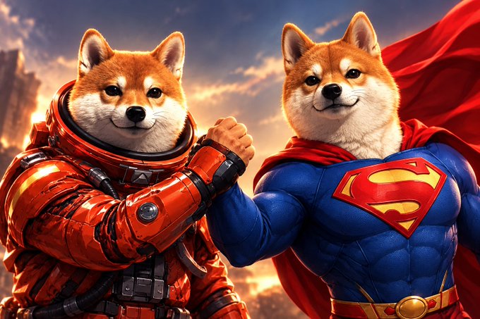 A digital artwork depicting two Shiba Inu dogs as superheroes, one wearing an orange mechanical suit and the other wearing a blue suit with a red cape and an 'S' shield.