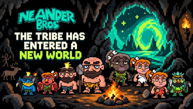 A pixel-art promotional banner for 'NEANDER BROS' reading 'THE TRIBE HAS ENTERED A NEW WORLD,' featuring a group of cartoonish cave people gathered around a campfire inside a cave with a glowing portal in the background.