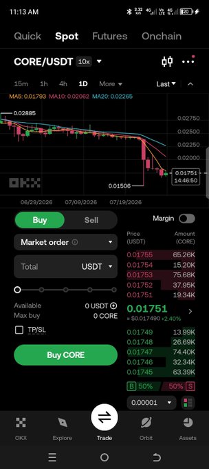 A smartphone screenshot of a cryptocurrency trading app showing the CORE/USDT pair with a candlestick chart and a buy/sell interface, with the current price around 0.01751.