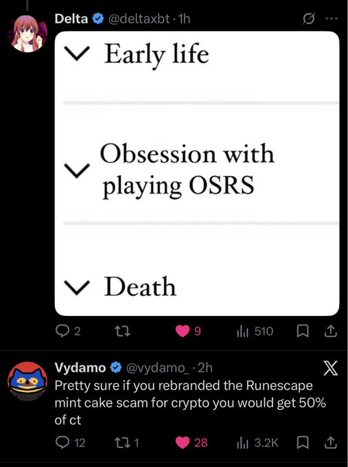 The image is a tweet by Delta (@deltaxbt) showing a Wikipedia-style article with three sections: "Early life," "Obsession with playing OSRS," and "Death," followed by a reply from Vydamo (@vydamo) joking, "Pretty sure if you rebranded the Runescape mint cake scam for crypto you would get 50% of ct." The post playfully satirizes crypto Twitter culture by likening someone's biography to a life consumed by Old School RuneScape, while Vydamo's reply mocks crypto scams as an evolution of RuneScape in-game scams.