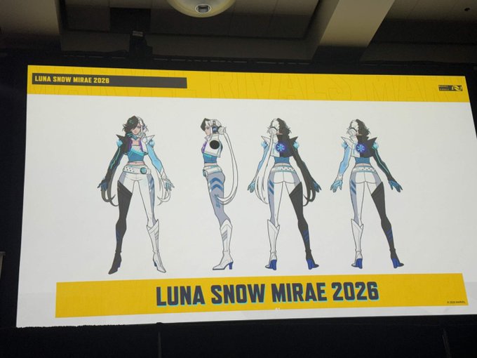 A presentation slide displays four character design views of Luna Snow's "Mirae 2026" outfit, with the original poster lamenting that this new design means they'll never have a complete Luna Snow collection. The slide title reads "LUNA SNOW MIRAE 2026" in bold blue text at the top and bottom, showing the character in a futuristic white and blue ice-themed costume from multiple angles.