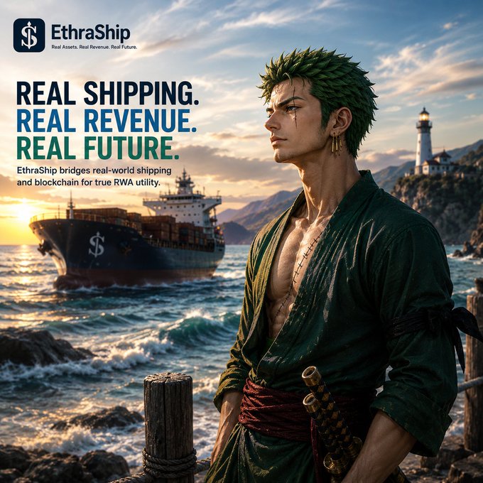A promotional graphic for 'EthraShip' featuring an anime-style character with green hair standing near a large cargo ship, with text 'REAL SHIPPING. REAL REVENUE. REAL FUTURE.'